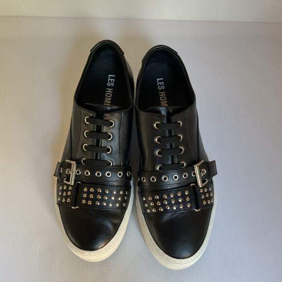Les Hommes Black Leather Studded Buckle Sneakers Men’s Size 42/ 9 US  Italian - Picture 4 of 12